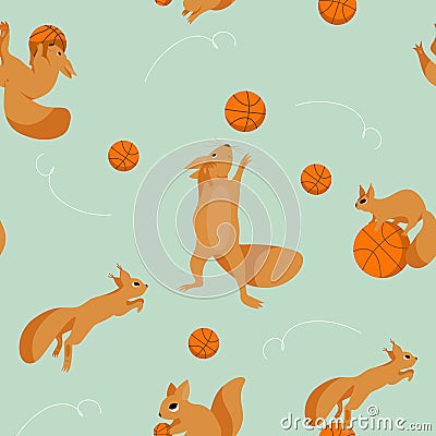 Cartoon set, seamless pattern with playful squirrels plaing in basketball Stock Photo