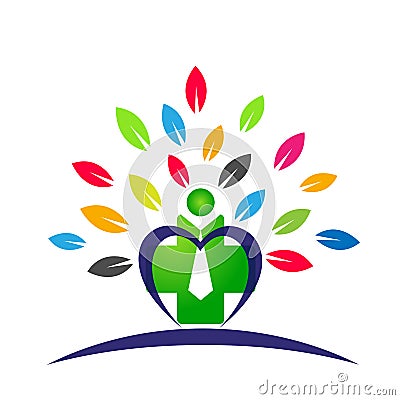 People Heart care medical health tree leaves logo icon wellness health symbol on white background Cartoon Illustration