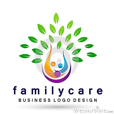 Family tree health care logo, family, parent, kids,green love, parenting, care, symbol icon design vector on white background Stock Photo