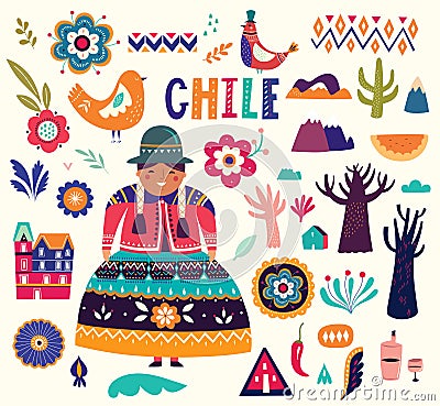 Collection of Chile`s symbols. National costumes of Chile, Peru and Bolivia Vector Illustration