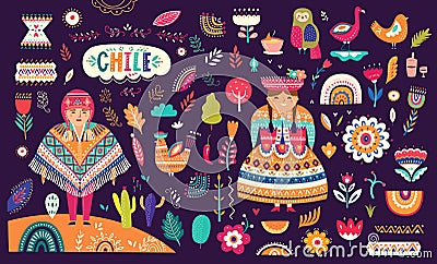 Collection of Chile`s symbols. Vector Illustration