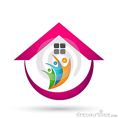 Family real estate sun home logo, family, parent, kids,green love, parenting, care, symbol icon design vector on white background Stock Photo