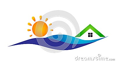 Abstract real estate sun home water sea wave logo symbol icon design vector on white background Cartoon Illustration