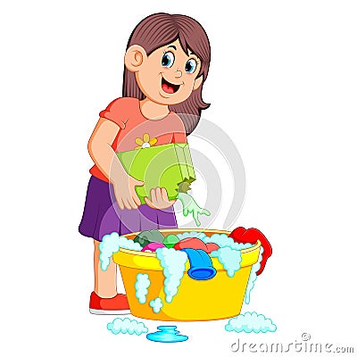 female washing clothes in basin with detergent Vector Illustration