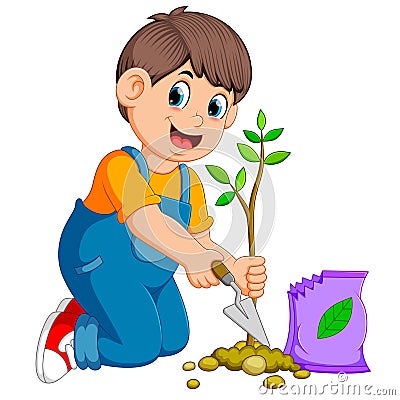 A boy planting a green young plant with fertilizer Vector Illustration