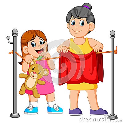 Little girl helping hang laundry her mother Vector Illustration