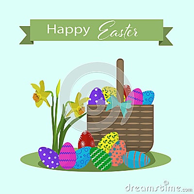 Happy easter greating card with colorful eggs and basket Vector Illustration