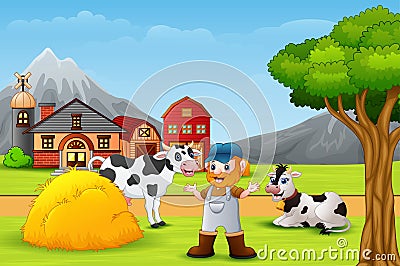 Farmer and farm animal in the landscape Vector Illustration