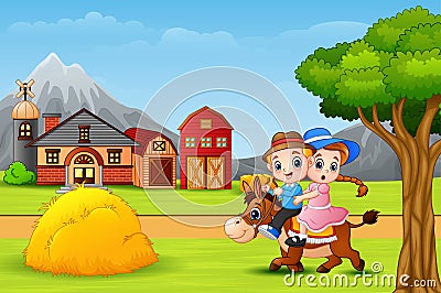 Happy boy and girl riding a horse in faram landscape Vector Illustration
