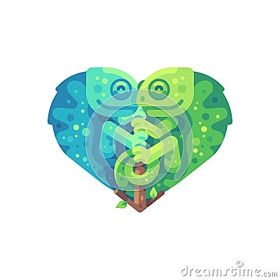 Teal and green chameleons in the shape of a heart Vector Illustration