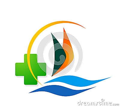 Medical care globe sun and sea wave boat ship family health concept in heart logo icon element sign on white background Cartoon Illustration