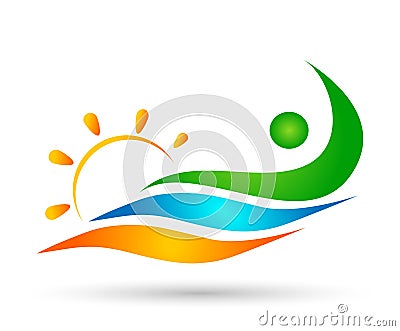 People sun sea wave water wave winning swimming logo team work celebration wellness icon vector designs on white background Cartoon Illustration