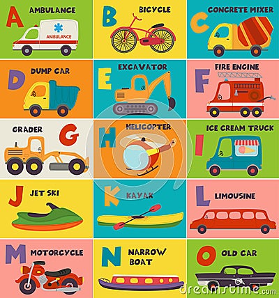 Alphabet card with transport A to O Vector Illustration