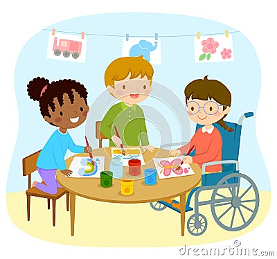 Disabled girl drawing with friends Vector Illustration