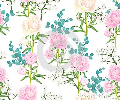 Seamless pattern with pink and white peonies Vector Illustration