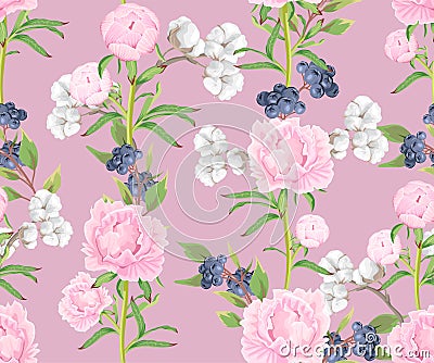 Seamless pattern with pink peonies, cotton flowers and arnica berries Vector Illustration