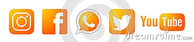 Set of popular social media logos icons gold Instagram Facebook Twitter Youtube WhatsApp element vector on white background Cartoon Illustration