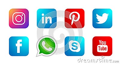 Set of popular social media logos icons Instagram Facebook Twitter Youtube WhatsApp element vector on white background Cartoon Illustration