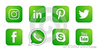 Set of popular social media logos icons in green Instagram Facebook Twitter Youtube WhatsApp element vector on white background Cartoon Illustration