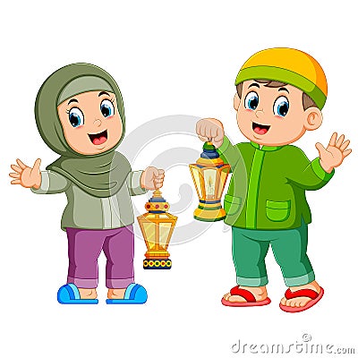 Moslem kids holding lantern Vector Illustration