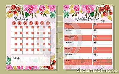 Set monthly and weekly planner with watercolor flower Stock Photo