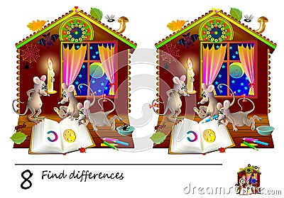 Logic puzzle game for children. Need to find 8 differences. Printable page for baby brainteaser book. Curious mice read a book. Vector Illustration