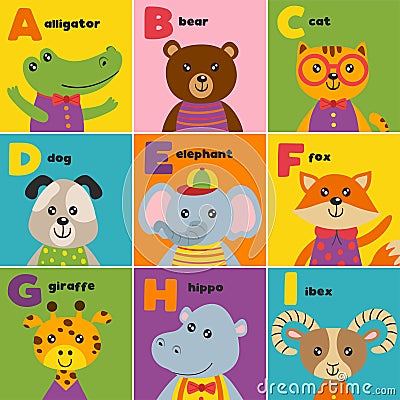 Alphabet card with cute animals A to I Vector Illustration