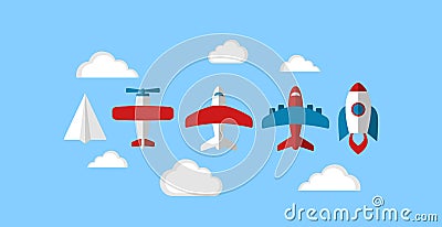 Business start up spaceship rocket, paper plane, airplane and clouds vector cartoon icons. Vector Illustration