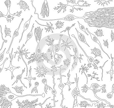 Neuroscience doodle of different brain cell types Cartoon Illustration