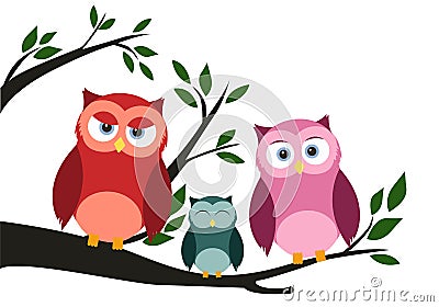 Cute owl`s family on tree Stock Photo
