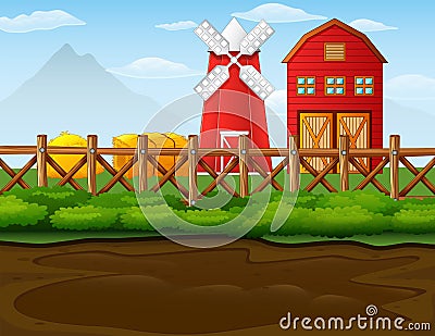 Farm landscape with shed and windmill Vector Illustration