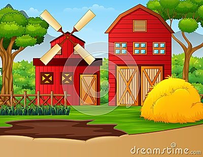 Farm landscape with shed and windmill Vector Illustration