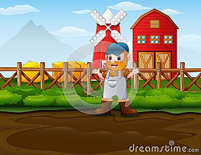 Happy farmer man standing in front of his barn Vector Illustration