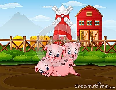 Three pigs playing at the farm with red barnhouse background Vector Illustration