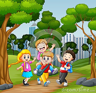 Funny school children going to school Vector Illustration