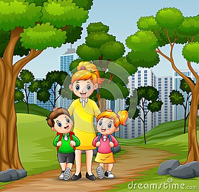 Happy children going to school with mom Vector Illustration