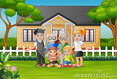 Happy family members in the front yard of the house Vector Illustration