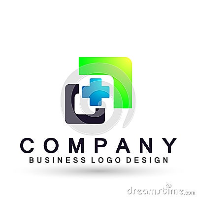Medical care globe family health square shaped concept logo icon element sign on white background Cartoon Illustration
