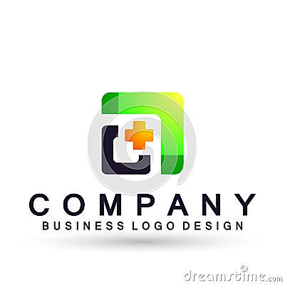 Medical care globe family health square shaped concept logo icon element sign on white background Cartoon Illustration