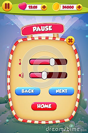 Pause menu scene pop up with sound music and buttons Stock Photo