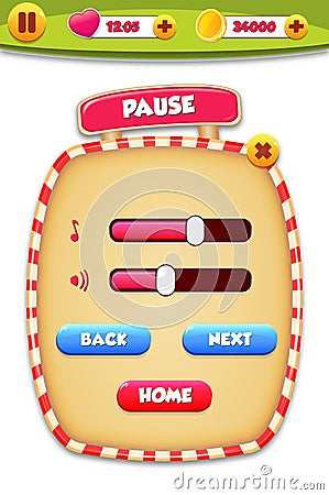 Pause menu scene pop up with sound music and buttons Vector Illustration