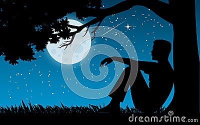 Lonely man starring at moon Vector Illustration