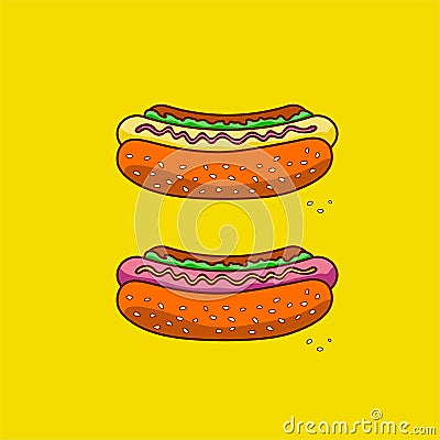 Two classic hot dogs on a yellow background.Fast food. Cartoon Illustration