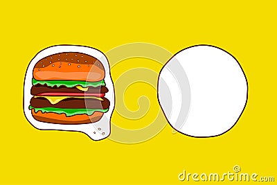 Classic colored hamburger on a yellow background with an inscription frame Cartoon Illustration