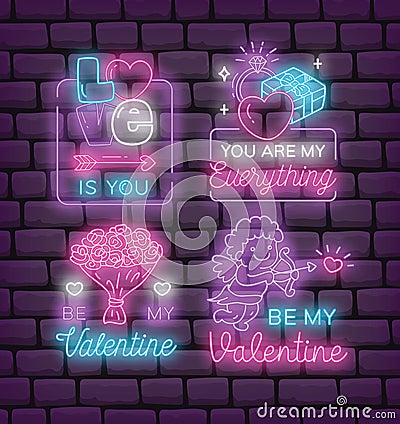 Set of Valentine`s day neon sign Stock Photo