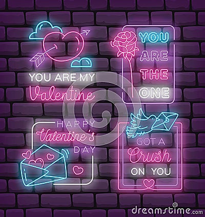 Set of Valentine`s day neon sign Stock Photo