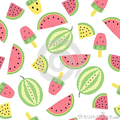 Light seamless pattern with abstract watermelons and ice cream. Vector Illustration