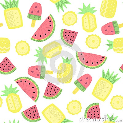 Light seamless pattern with abstract watermelons, pineapples and ice cream. Vector Illustration