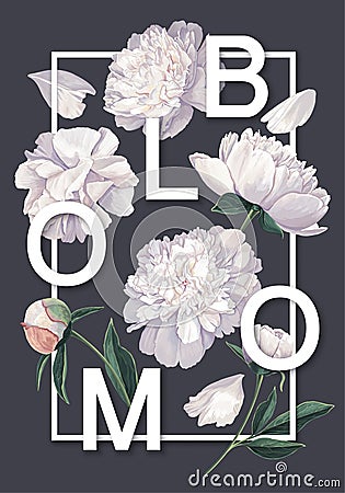 Trendy poster with white peonies flowers and leaves. Springsummer theme background. Vector Illustration