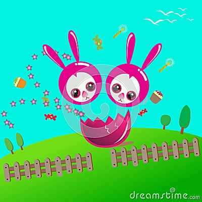 Happy Easter with duo bunny Vector Illustration